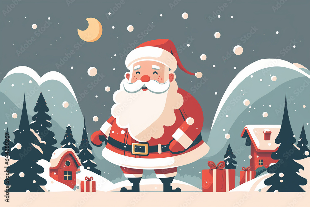 Naklejka premium Santa Claus with big signboard. Merry Christmas and Happy New Year! Holiday greeting card. Holiday cartoon character in winter season.