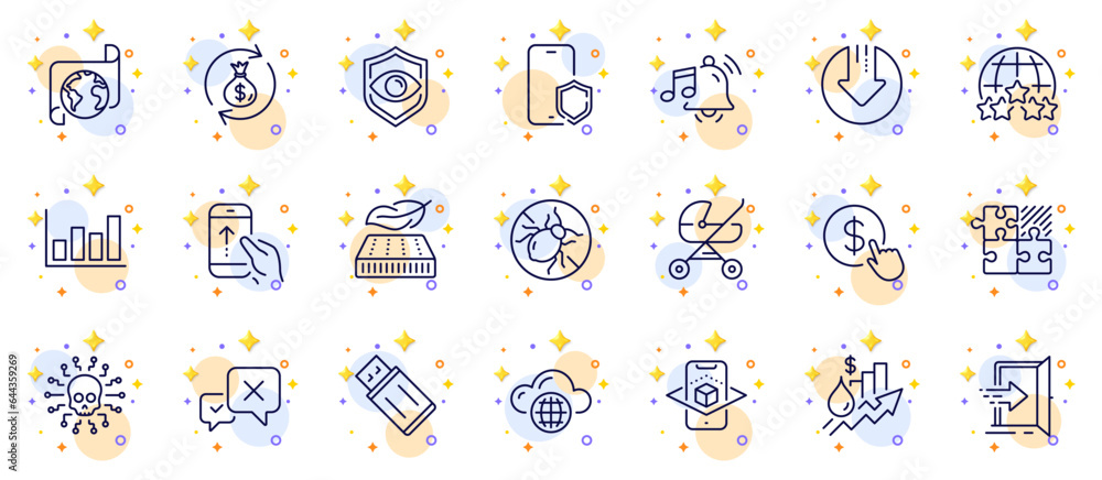 Outline set of Rating stars, Puzzle game and Eye detect line icons for web app. Include Entrance, Buy currency, Cloud computing pictogram icons. Download arrow, Lightweight mattress. Vector Outline set of Rating stars, Puzzle game and Eye detect line icons for web app. Include Entrance, Buy currency, Cloud computing pictogram icons. Download arrow, Lightweight mattress. Vector