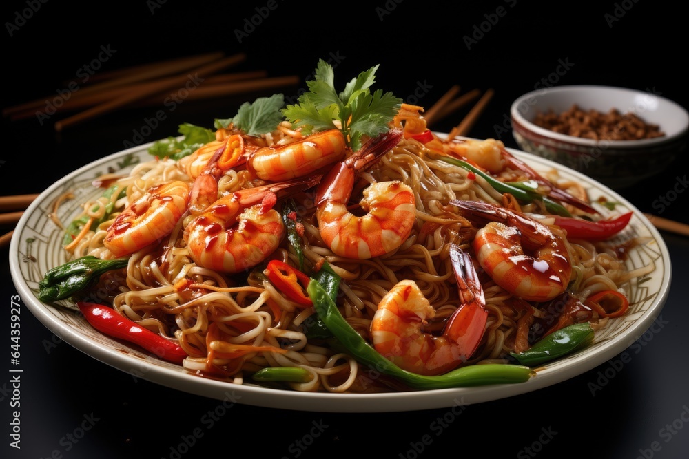 A plate of noodles with shrimp and vegetables. Digital image. Tasty Lo Mein dish. A plate of noodles with shrimp and vegetables. Digital image. Tasty Lo Mein dish.