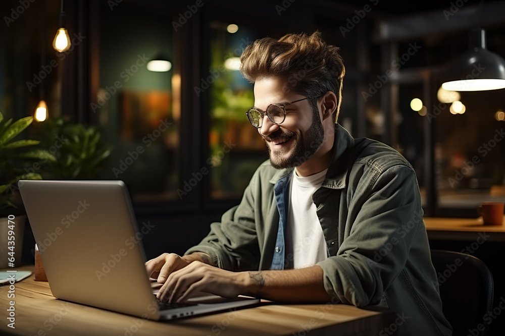 Creative Caucasian Man in Casual Attire Leading a Dynamic Laptop Presentation on Wooden Office Table in Dramatic Lighting. created with Generative AI Creative Caucasian Man in Casual Attire Leading a Dynamic Laptop Presentation on Wooden Office Table in Dramatic Lighting. created with Generative AI