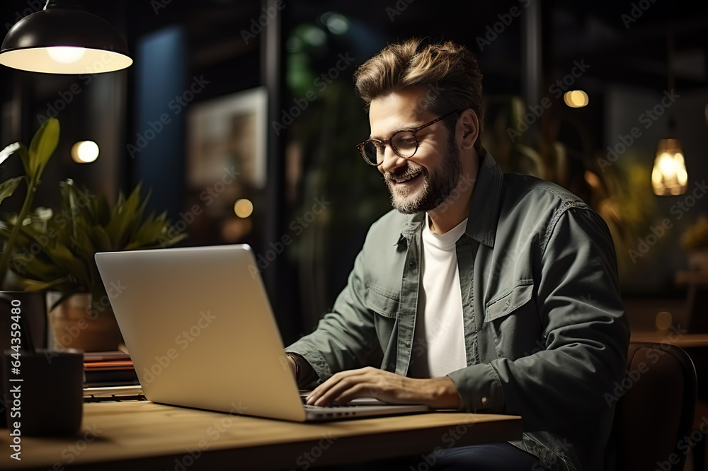 Creative Caucasian Man in Casual Attire Leading a Dynamic Laptop Presentation on Wooden Office Table in Dramatic Lighting. created with Generative AI Creative Caucasian Man in Casual Attire Leading a Dynamic Laptop Presentation on Wooden Office Table in Dramatic Lighting. created with Generative AI