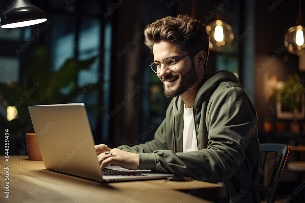 Creative Caucasian Man in Casual Attire Leading a Dynamic Laptop Presentation on Wooden Office Table in Dramatic Lighting. created with Generative AI Creative Caucasian Man in Casual Attire Leading a Dynamic Laptop Presentation on Wooden Office Table in Dramatic Lighting. created with Generative AI