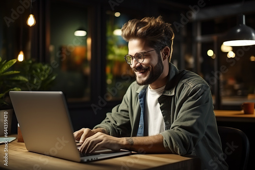 Creative Caucasian Man in Casual Attire Leading a Dynamic Laptop Presentation on Wooden Office Table in Dramatic Lighting. created with Generative AI