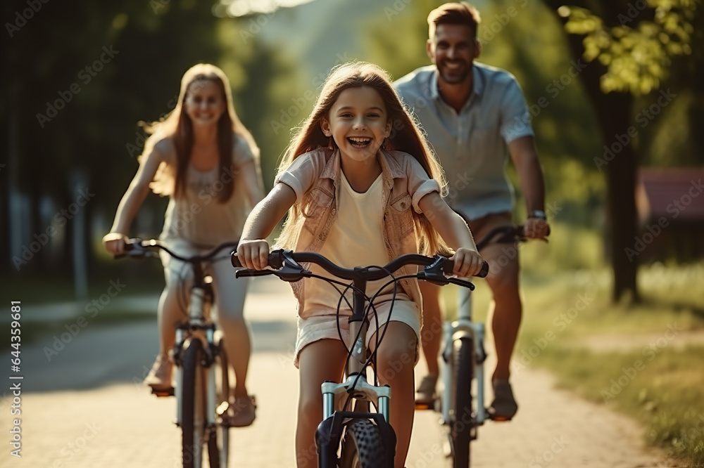 Obraz premium Joyful Morning Ride Caucasian Family Biking Together in the Park, Embracing Hobby and Relaxation. created with Generative AI