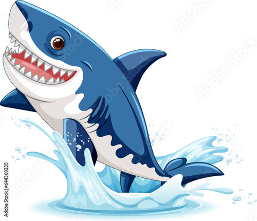 A cartoon illustration of a great white shark with big teeth  leaping out of the water with a smile