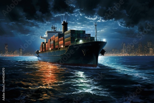 A lifelike nighttime scene showcasing a cargo ship sailing across the vast ocean. Generative AI