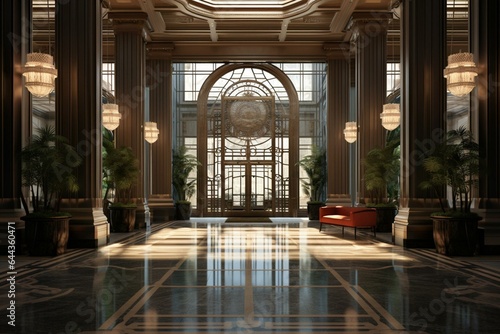 Opulent entryway to a corporate office, upscale hotel, or lavish apartment. Generative AI