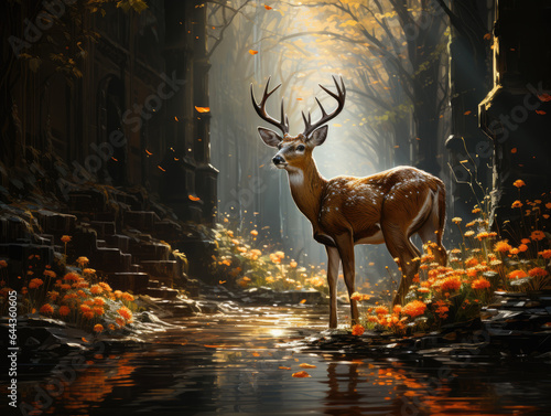 a deer walking through forest with sunlight streaming, ai generated.