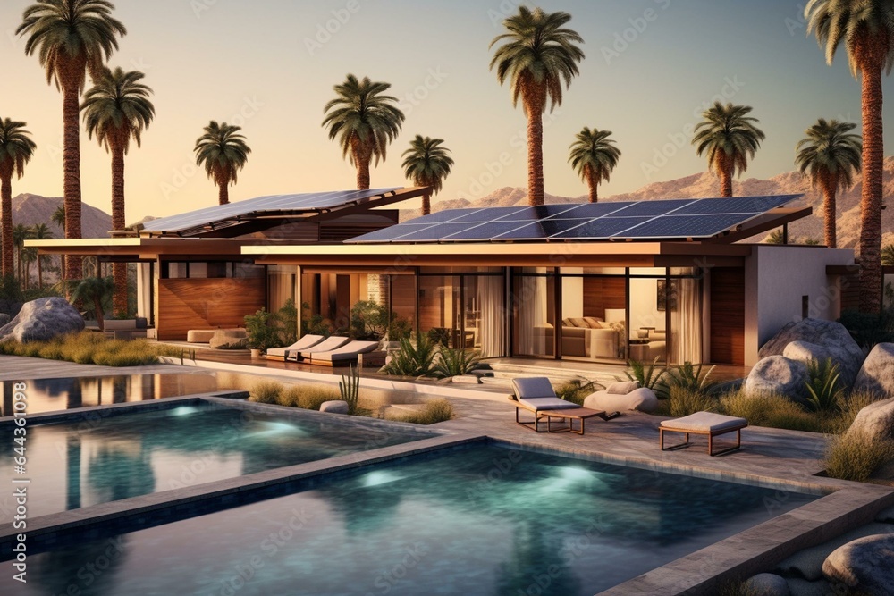 Contemporary desert home with palm trees and rooftop solar panels. Generative AI