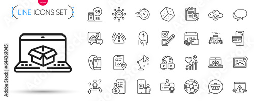 Pack of Boxes pallet, Photo location and Warning line icons. Include Money calendar, Timer, Business choice pictogram icons. Dice, Online warning, Air fan signs. Online delivery. Vector