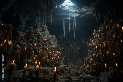Fototapeta Eerie underground cavern illuminated by flickering candles and littered with skulls and bones