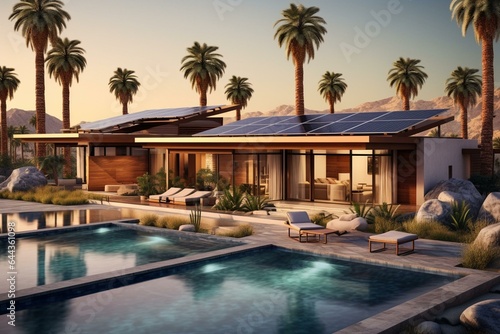 Contemporary desert home with palm trees and rooftop solar panels. Generative AI