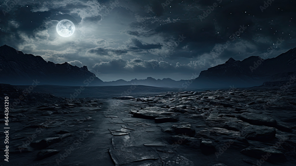 Empty stone floor black with background rugged mountain landscape under a moonlit sky, filled with drifting clouds