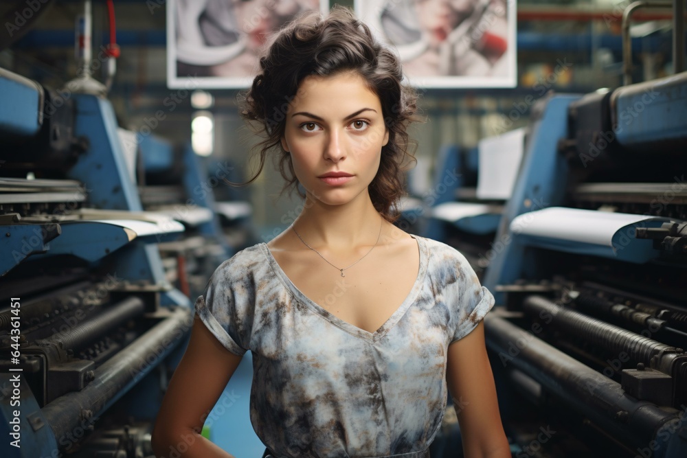 Fototapeta premium A woman posing in front of a massive industrial machine