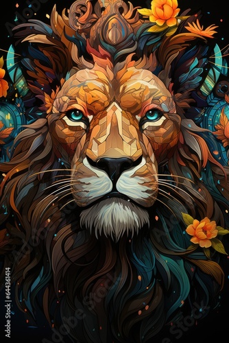 A close up of a lion with flowers on its head. Digital image.