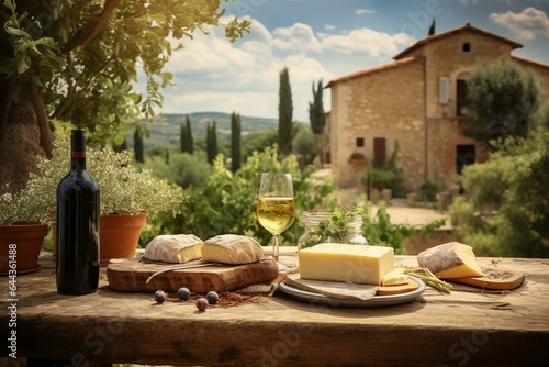 Idyllic Italian landscape with a rustic outdoor table showcasing cheese, wine, and olive oil. Generative AI