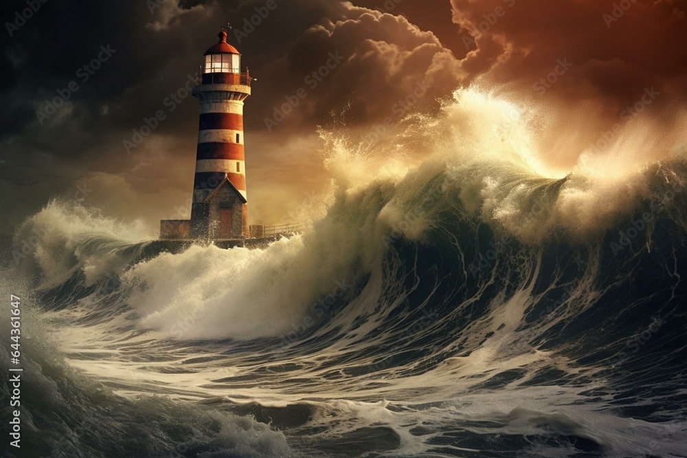 Stormy lighthouse faces huge tsunami waves. Generative AI