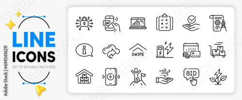 Swipe up, 24h service and Divider document line icons set for app include Rule, Bid offer, Charging station outline thin icon. Approved, Wholesale goods, Security lock pictogram icon. Vector