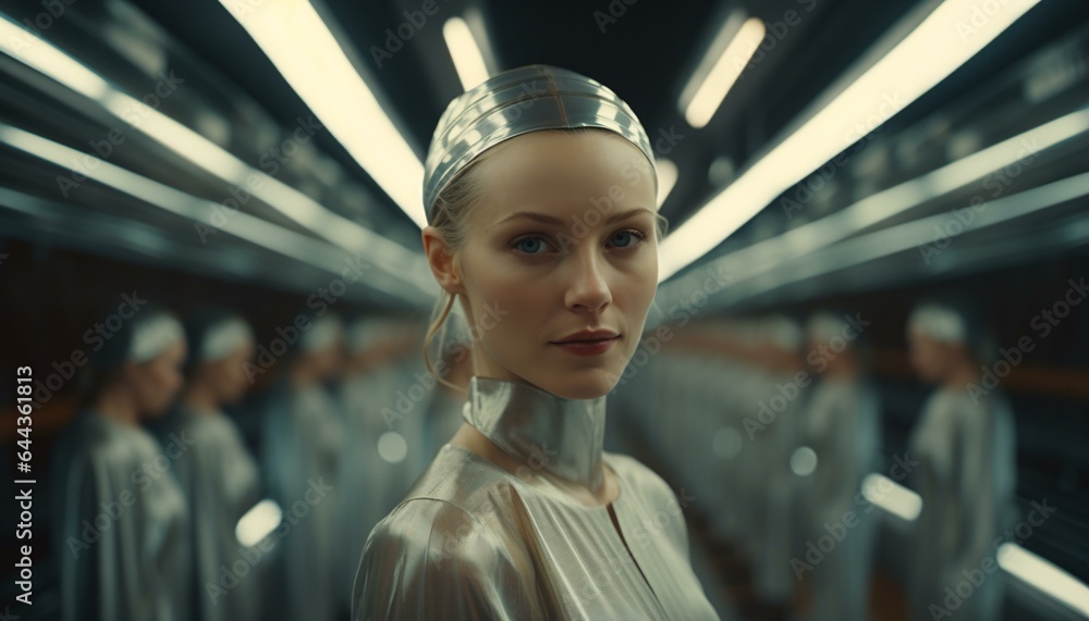 A woman in a futuristic space station surrounded by other people A woman in a futuristic space station surrounded by other people