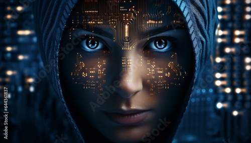 A woman's face with a futuristic city in the background