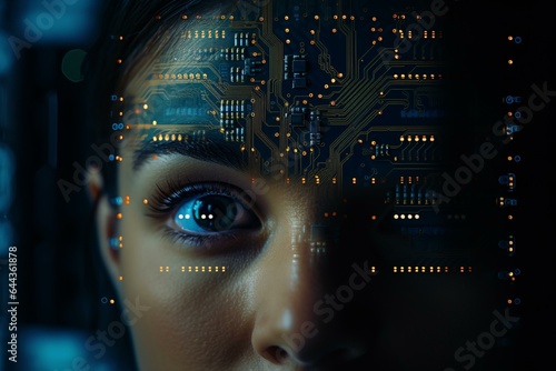 A person's face with a circuit board background