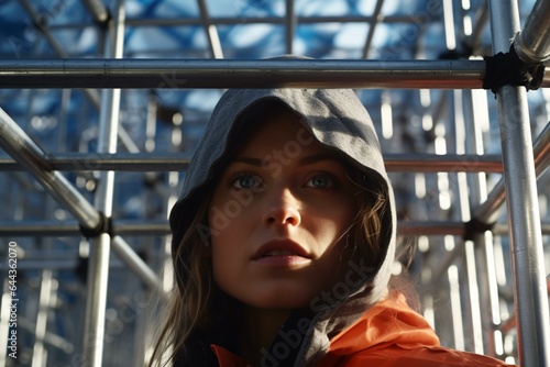 A woman wearing an orange jacket and gray hoodie