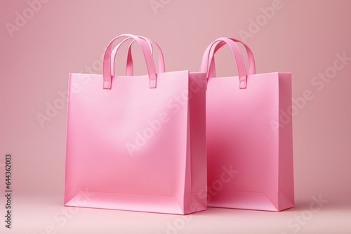 Two pink shopping bags on a light background for buying and product demonstration. Generative AI