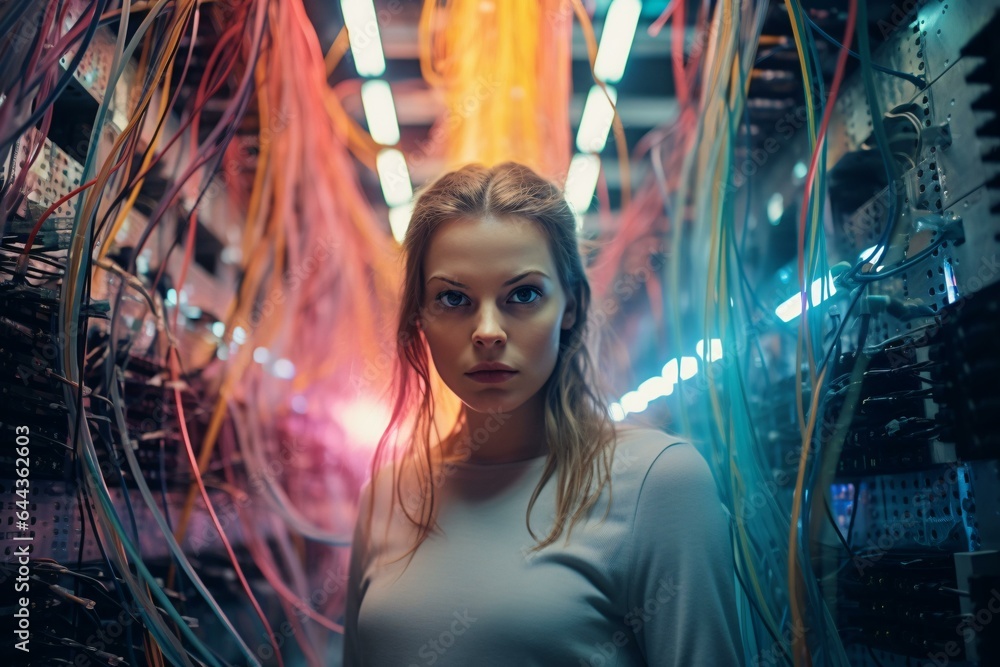 A woman standing in front of a tangled web of wires A woman standing in front of a tangled web of wires