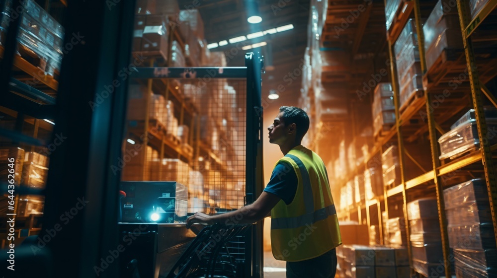 A man wearing a yellow vest standing in a warehouse