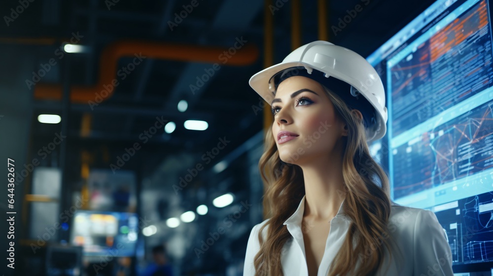 Fototapeta premium A woman in a hard hat working on a computer screen