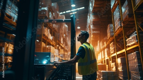 A man wearing a yellow vest standing in a warehouse