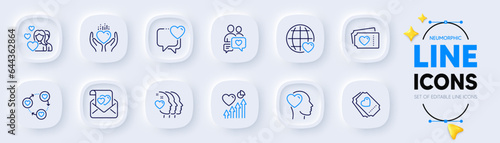 International love, Friend and Love tickets line icons for web app. Pack of Couple, Friends community, Heart pictogram icons. Heart beat, Friends couple, Dating chat signs. Internet dating. Vector