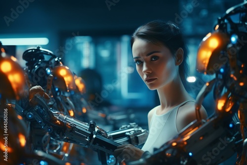 A woman assembling a robot in a factory