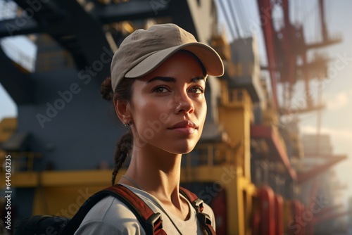 A woman standing in front of a ship wearing a baseball cap