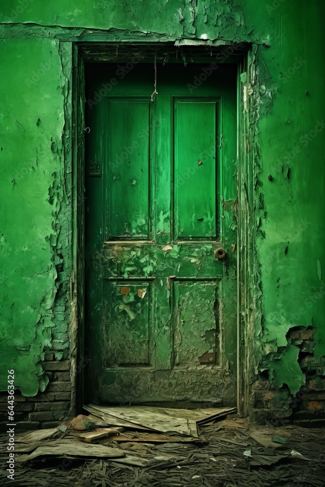 A view of a historical wall and a vintage green door A view of a historical wall and a vintage green door