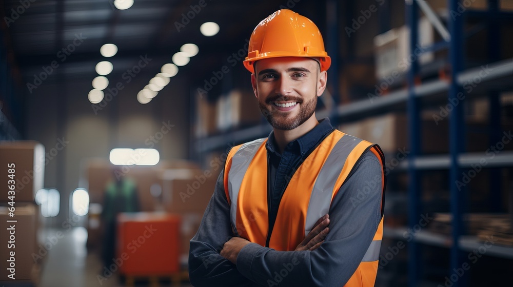Employee with a happy smile. Inside a factory, a factory worker. Orange hard hat worn by a young technician. Employee with a happy smile. Inside a factory, a factory worker. Orange hard hat worn by a young technician.