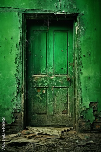 A view of a historical wall and a vintage green door
