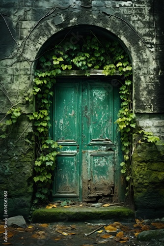 A view of a historical wall and a vintage green door