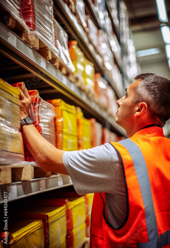 Warehouse worker replenishes the shelves with new goods