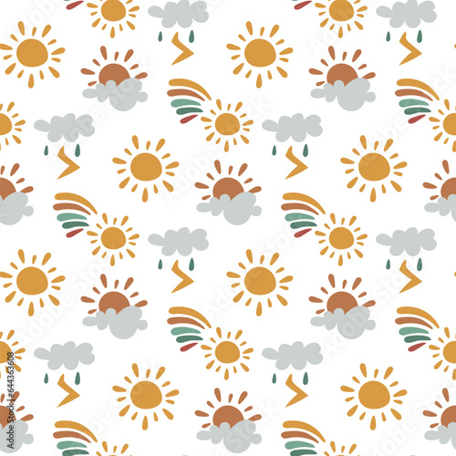 Pattern of cloud, sun, rainbow, thunderstorm on a white background. Rainbow seamless pattern, cartoon vector illustration. Children's texture for printing on fabric and paper. Gift packaging