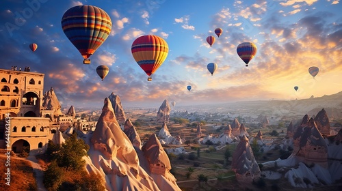 Amazing balloons in flight over a stone landscape in Cappadocia, Turkey.