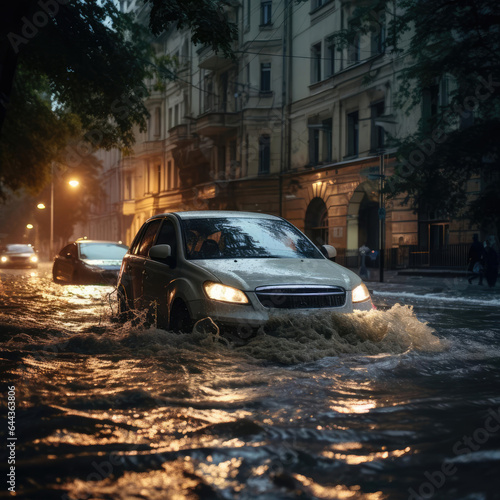 A car on a city street with a flood © cherezoff