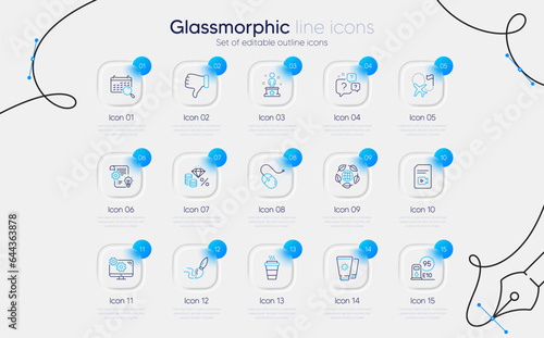 Set of Destination flag, Eco organic and Settings line icons for web app. Takeaway, Sunscreen, Cogwheel icons. Video file, Brush, Money tax signs. Search calendar, Petrol station. Vector