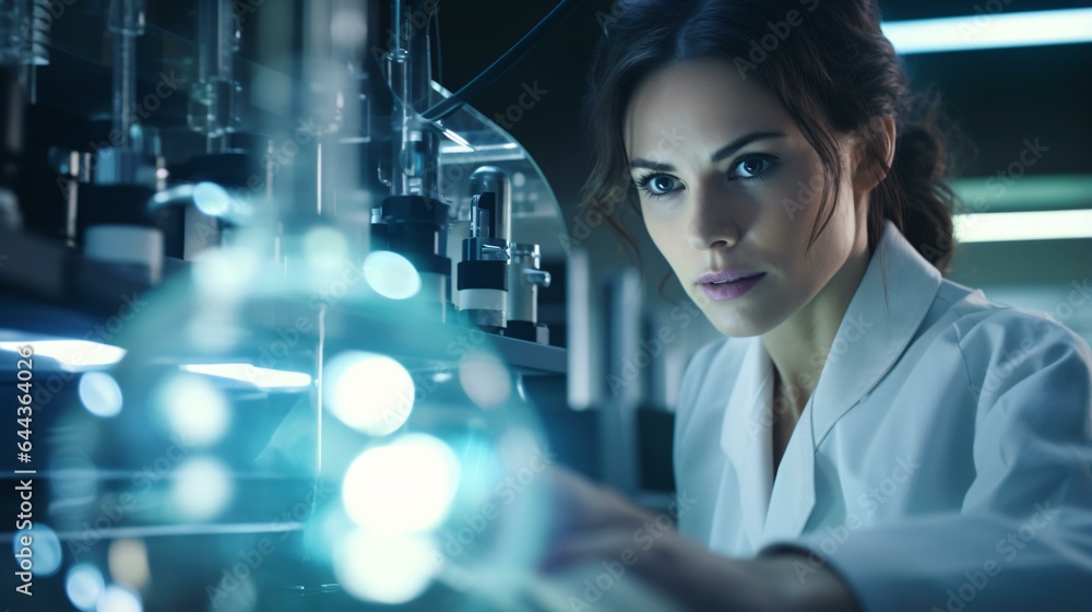 A female scientist operating a high-tech machine in a laboratory A female scientist operating a high-tech machine in a laboratory