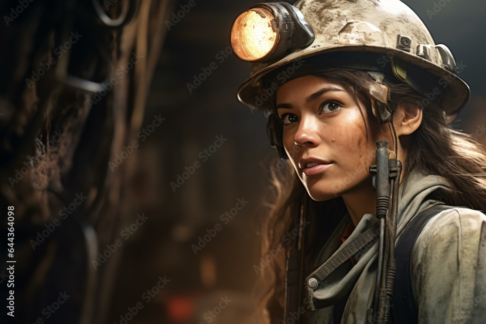A woman wearing a hard hat with a headlight on a construction site
