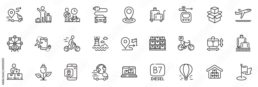 Icons pack as Ferris wheel, Online storage and Airport transfer line icons for app include Baggage reclaim, Air balloon, Delivery outline thin icon web set. Web inventory. Vector