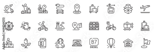 Icons pack as Ferris wheel, Online storage and Airport transfer line icons for app include Baggage reclaim, Air balloon, Delivery outline thin icon web set. Web inventory. Vector