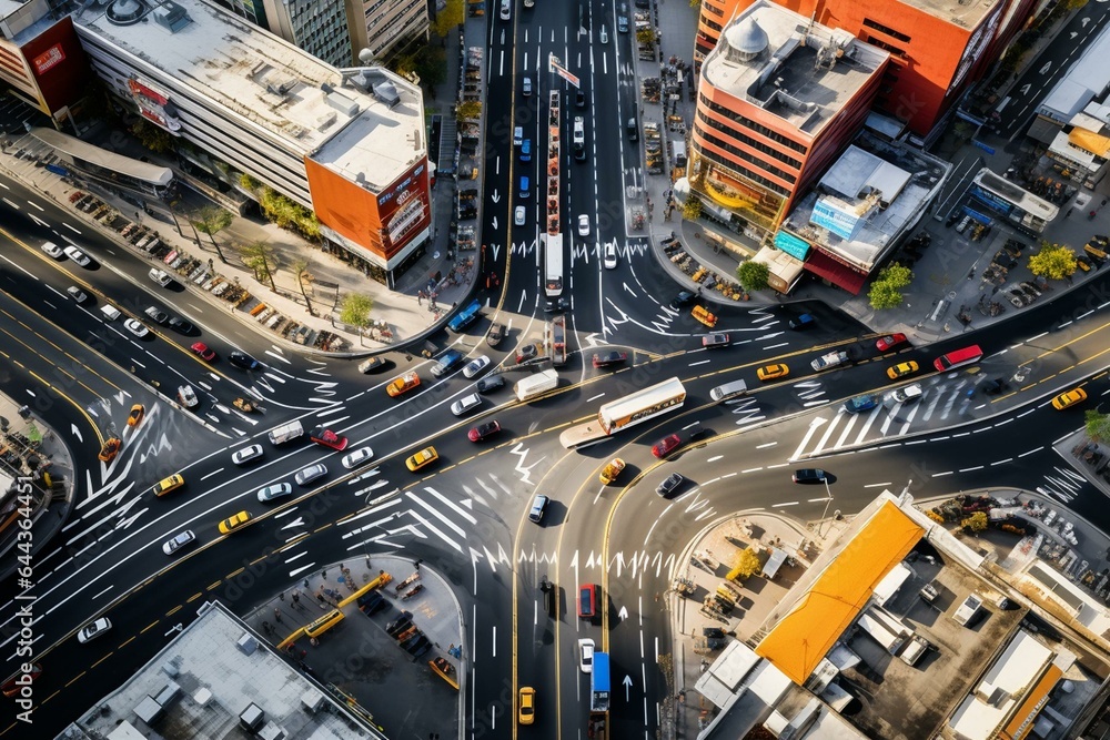 Aerial perspective of a busy road intersection featuring various vehicles. Focus on transportation and travel. Generative AI