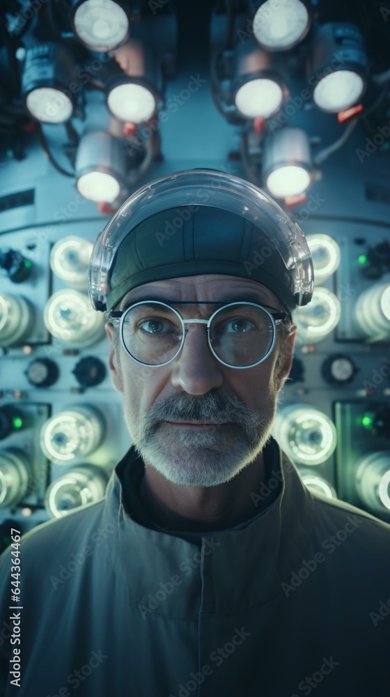 A man in a control room wearing glasses and a hat A man in a control room wearing glasses and a hat