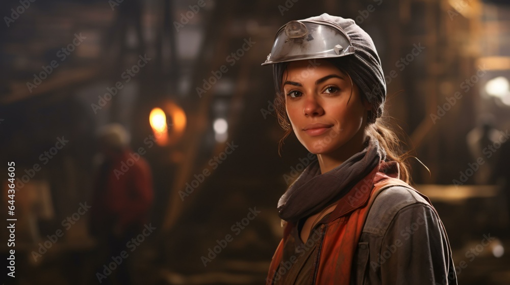 A woman wearing a helmet in a factory